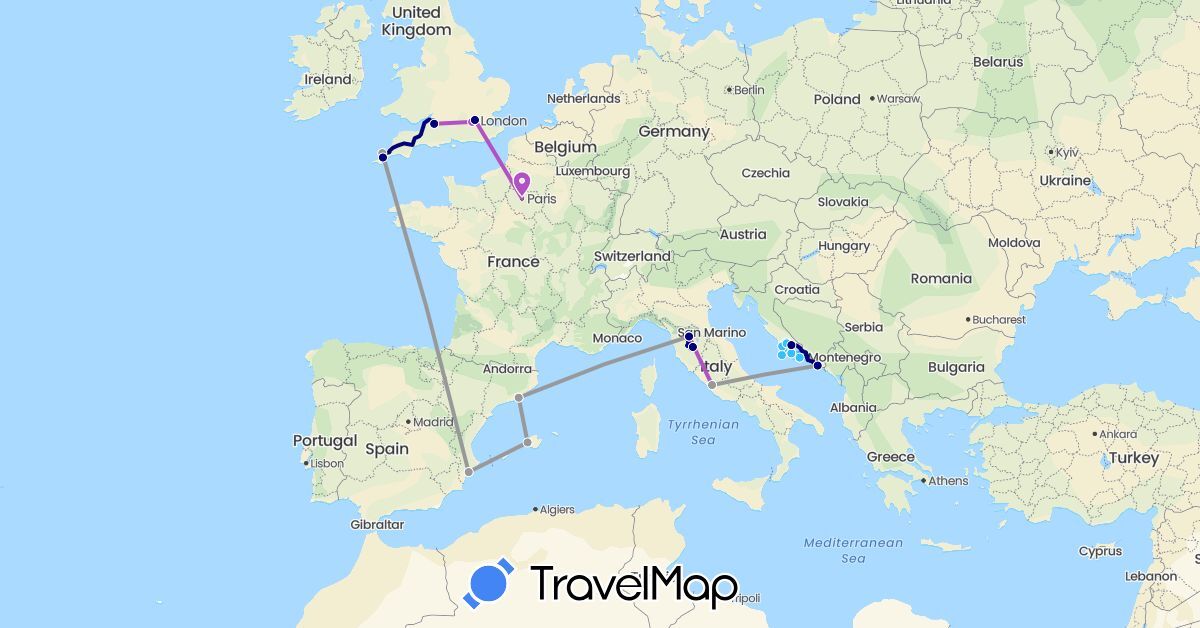 TravelMap itinerary: driving, plane, train, boat in Spain, France, United Kingdom, Croatia, Italy (Europe)